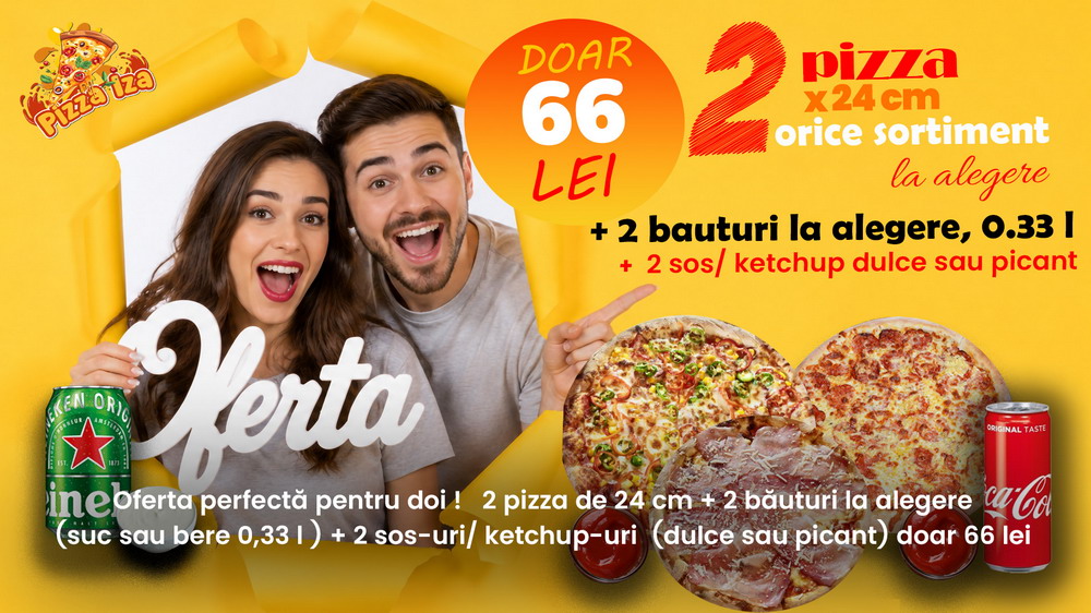 Ofertă 2 pizza 24cm + 2 sucuri + 2 sosuri — 66 lei