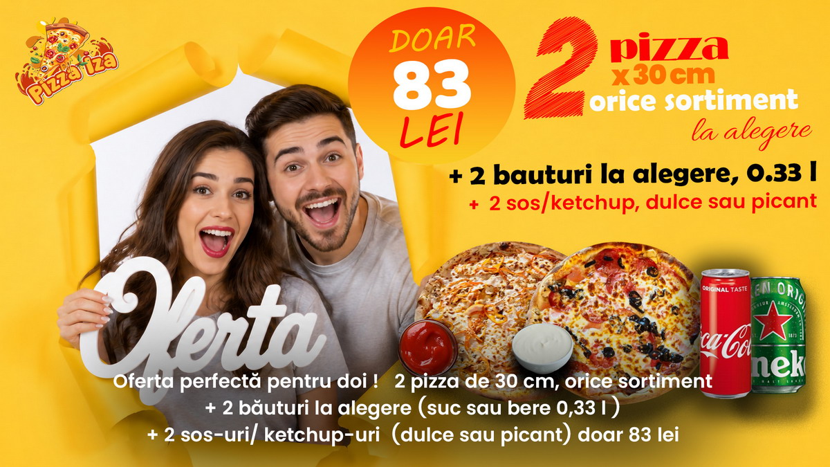 Ofertă 2 pizza 30cm + 2 sucuri + 2 sosuri — 83 lei