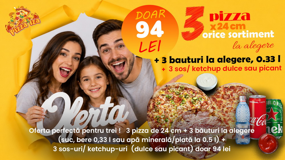 Ofertă 3 pizza 24cm + 3 sucuri + 3 sosuri — 94 lei