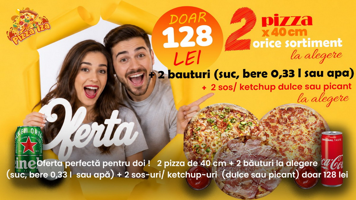 Oferta pentru doi — 2 pizza 40cm + băuturi + sosuri — 128 lei